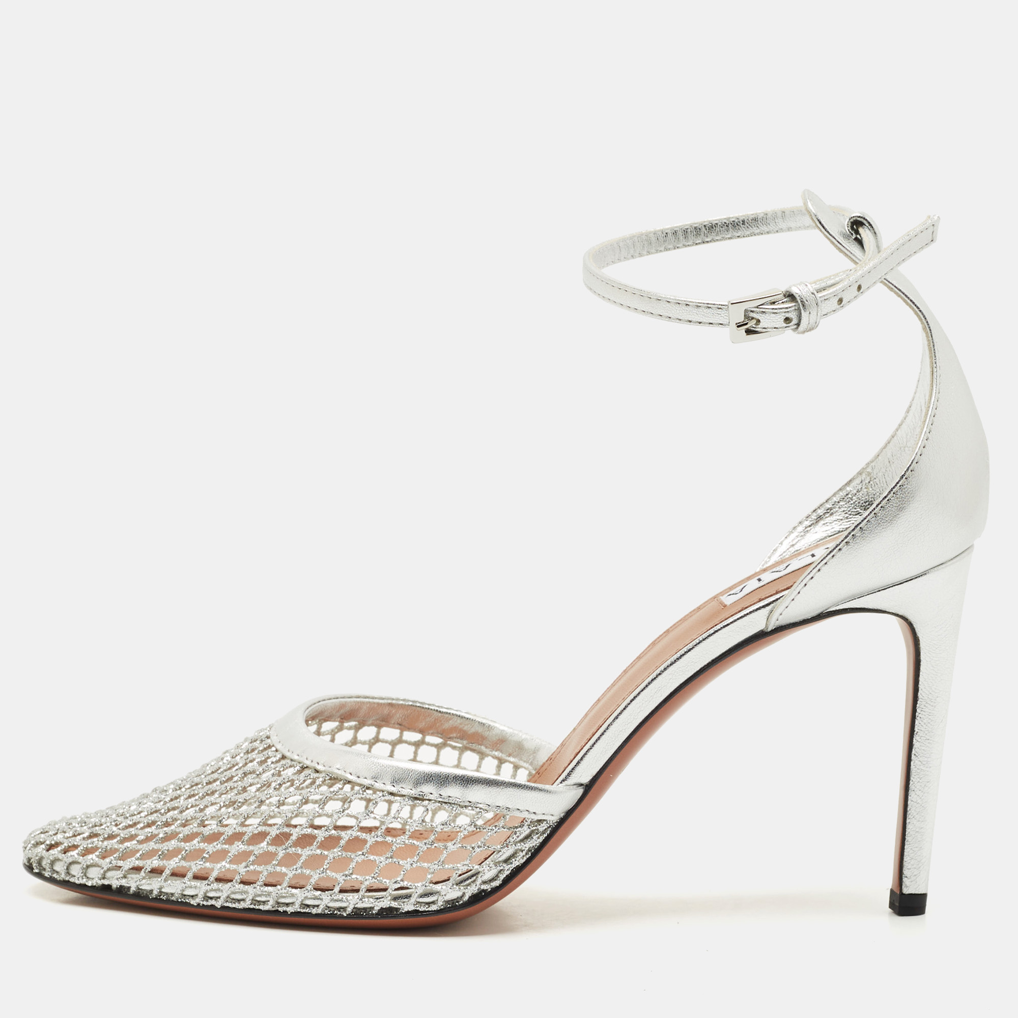 

Alaia Silver Fishnet and Leather Ankle Strap Sandals Size