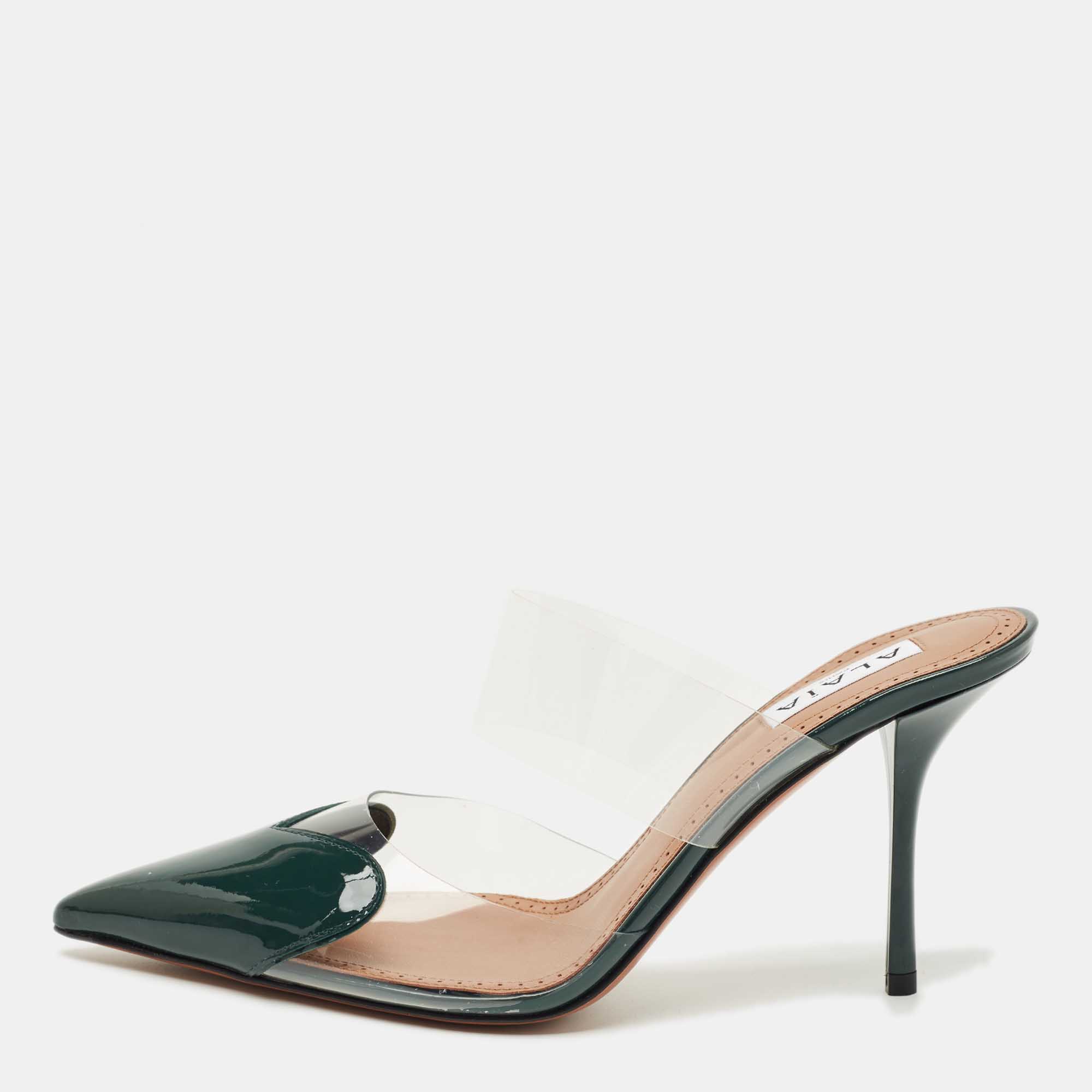 

Alaia Transparent and Green Patent Leather and PVC le coeur Mules Size