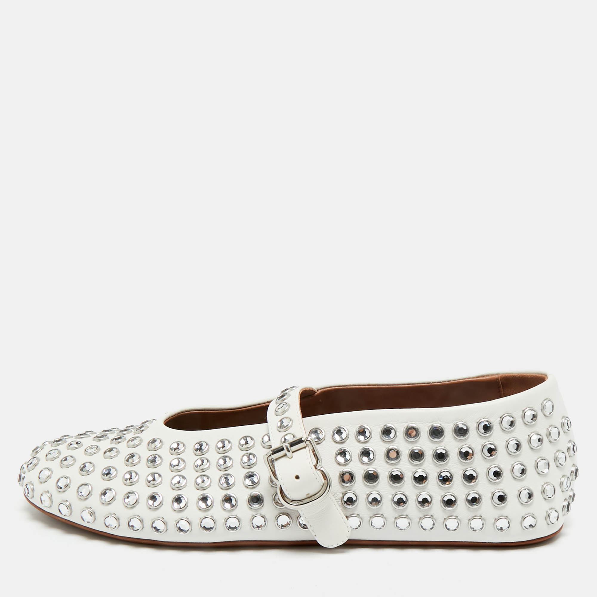 

Alaia White Leather Crystal Embellished Mary Jane Ballet Flats Size