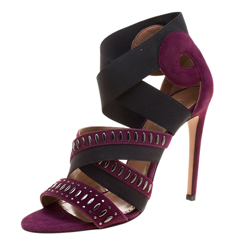 Alaia Bordeaux Studded Suede Cross Strap Peep Toe Sandals Size 38