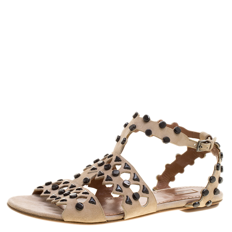 Pre Owned Alaia Beige Stud Embellished Cutout Suede Ankle Strap Flat Sandals Size 39.5