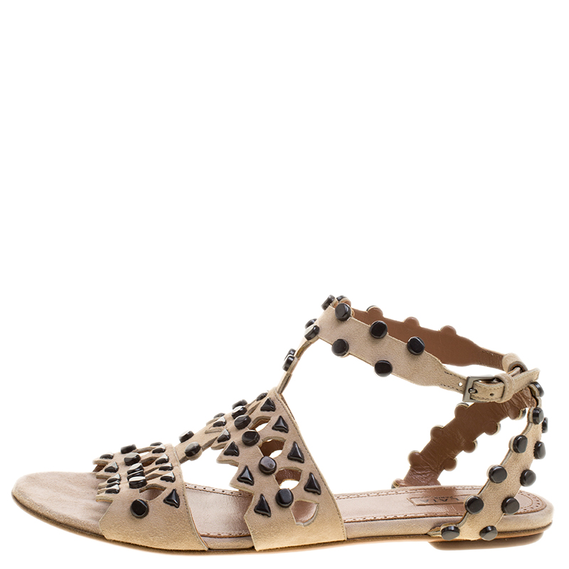 

Alaia Beige Stud Embellished Cutout Suede Ankle Strap Flat Sandals Size