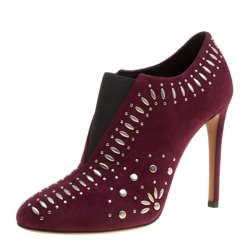 Pre Owned Alaia Burgundy Suede Stud Detail Booties Size 37