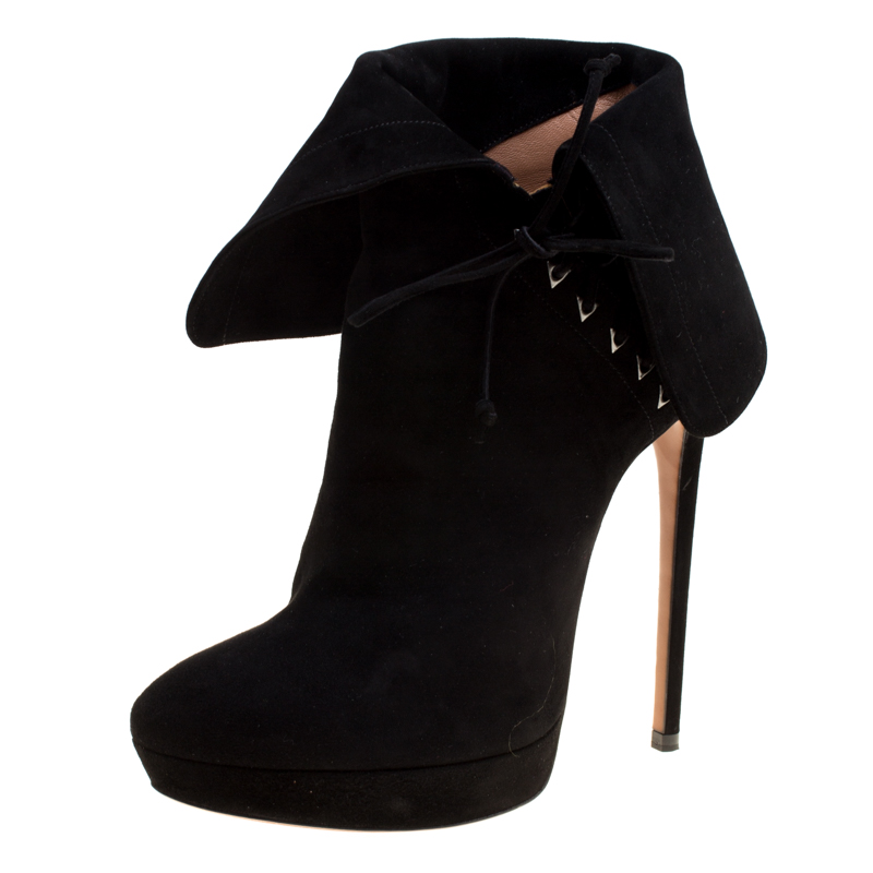 Alaia Black Suede Ankle Cuff Side Lace Up Ankle Boots Size 40