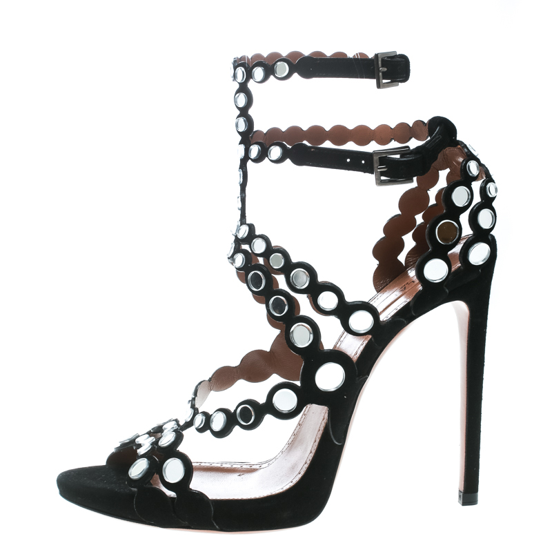 

Alaia Black Mirror Embellished Suede Strappy Sandals Size
