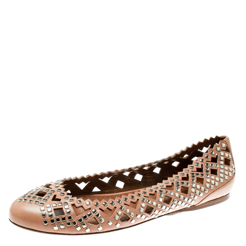 Pre Owned Alaia Beige Studded Cut Out Leather Ballet Flats Size 38