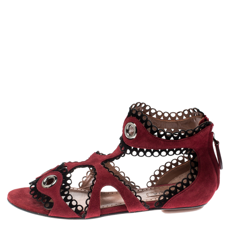 

Alaia Maroon Suede Scallop Trim Eyelet Embellished Ankle Cuff Flat Sandals Size, Red
