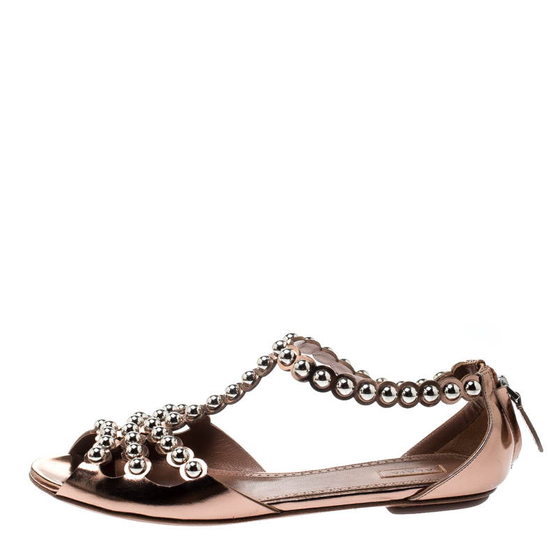 

Alaia Brown Leather Studded T Strap Flat Sandals Size