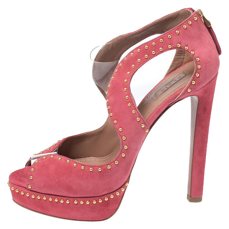 

Azzedine Alaia Pink Suede And PVC Studded Peep Toe Platform Sandals Size