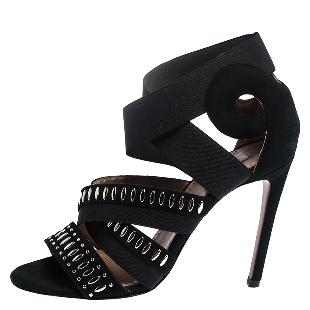 

Alaia Black Studded Suede Cross Strap Peep Toe Sandals Size