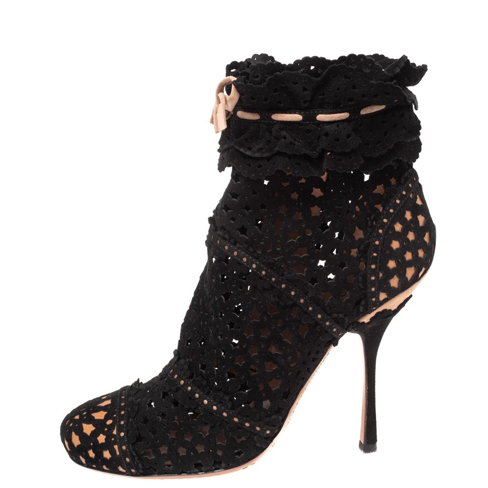 

Alaia Black Laser Cut Suede Bow Ankle Boots Size