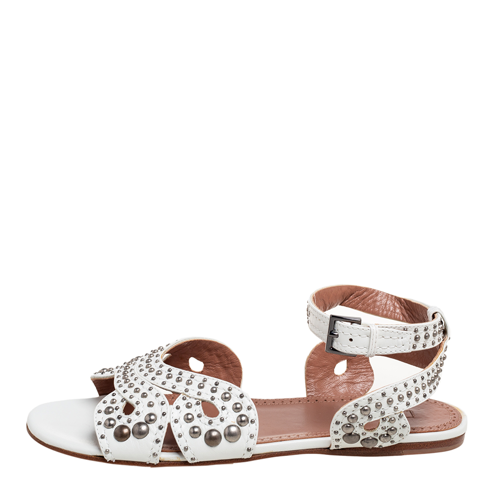 

Alaia White Leather Studded Ankle Strap Flat Sandals Size