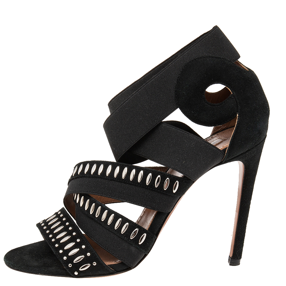 

Alaia Black Studded Suede Cross Strap Open Toe Ankle Sandals Size