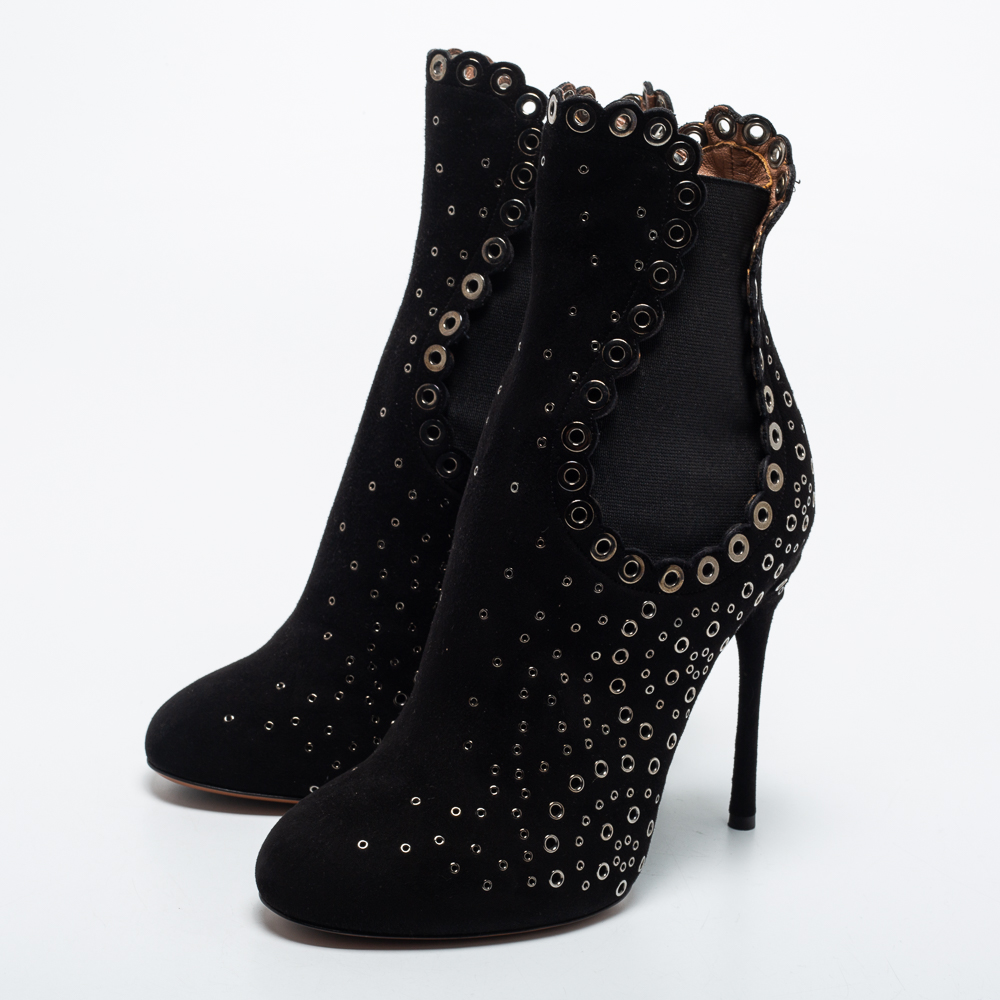 

Alaia Black Suede Eyelet Ankle Booties Size