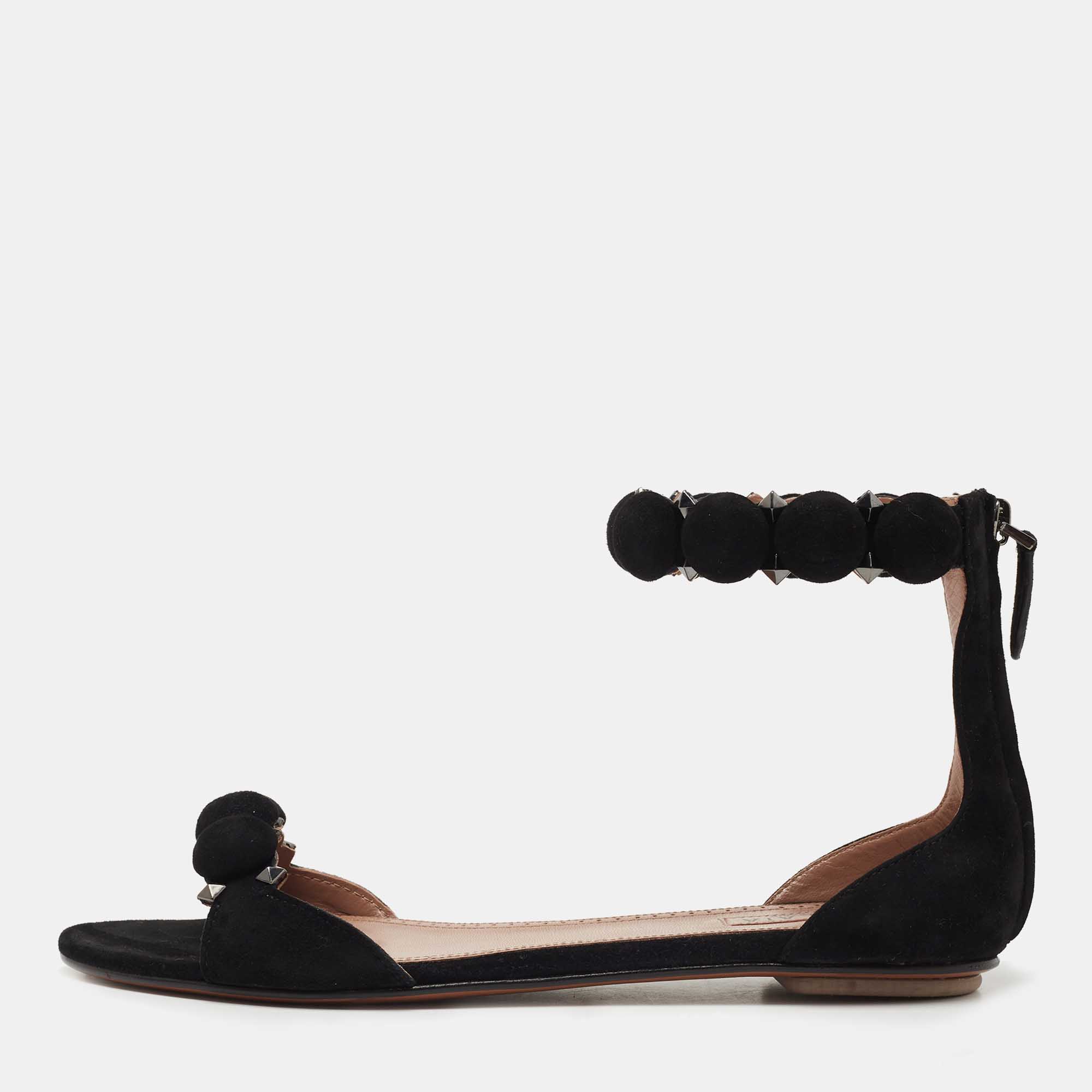 Pre Owned Alaia Black Suede Bombe Ankle Strap Flat Sandals Size 38.5