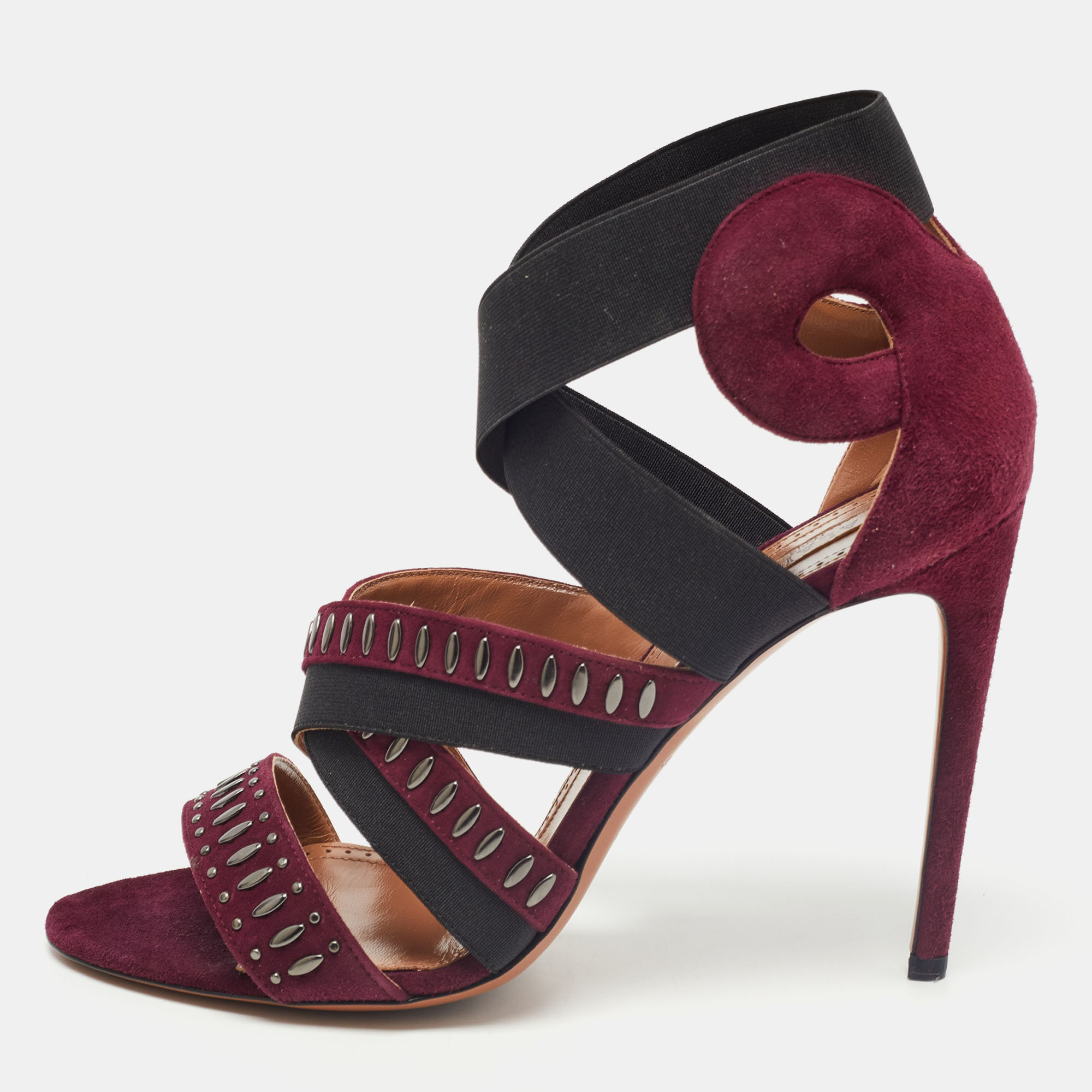 Pre-owned Alaïa Black/burgundy Studded Suede And Elastic Open Toe Ankle Strap Sandals Size 41