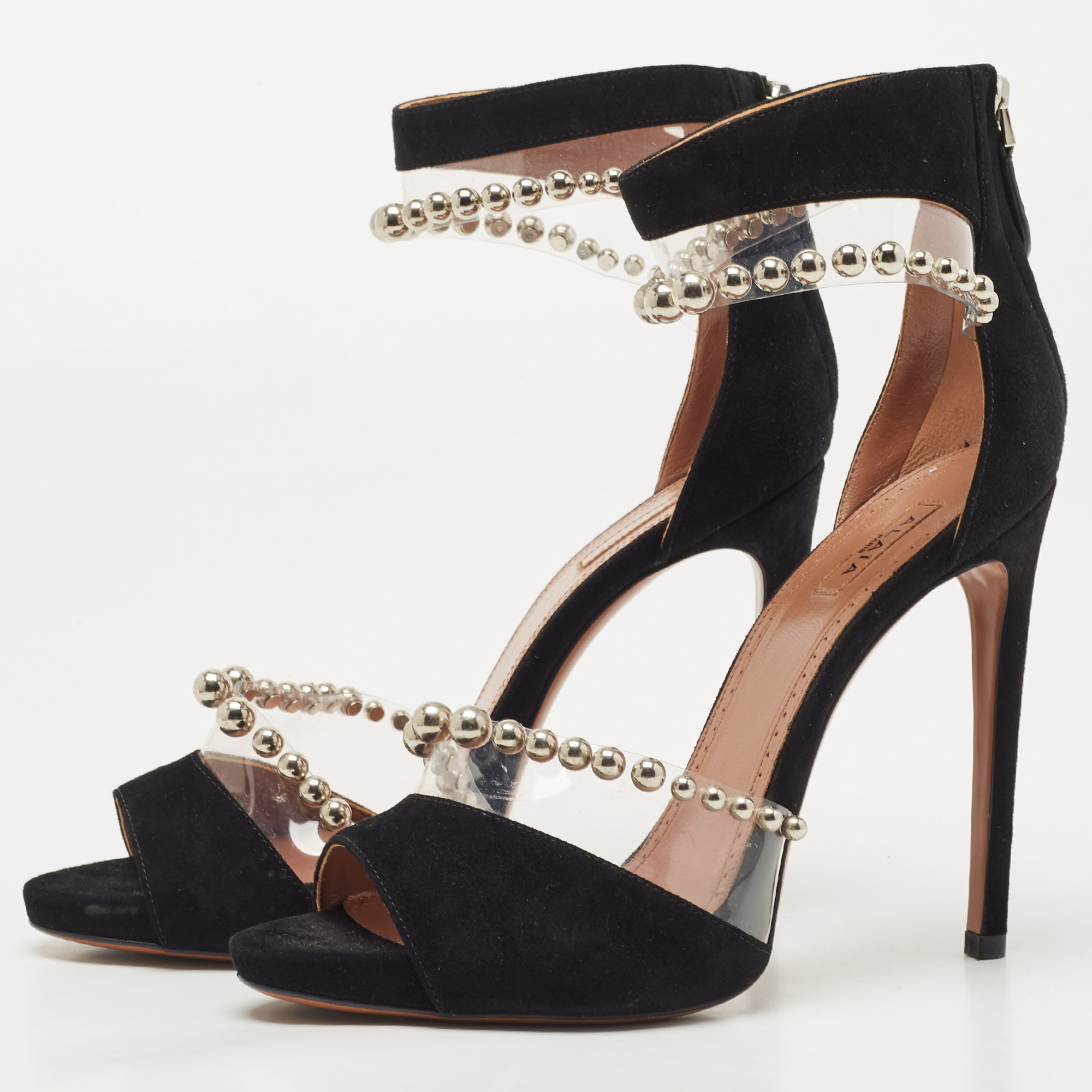 

Alaia Black Suede And Pvc Bead Embellished Ankle Strap Sandals Size