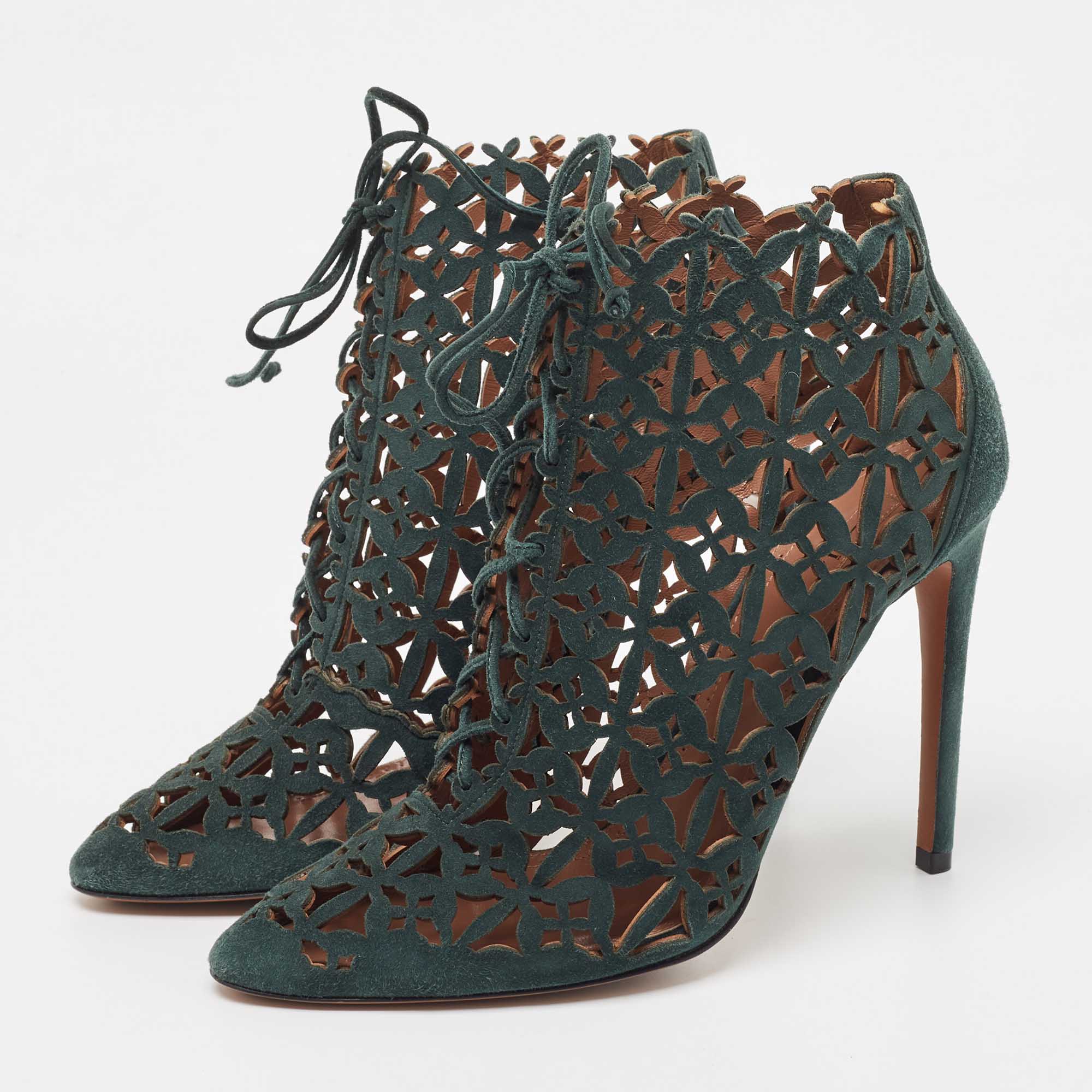 

Alaia Green Laser Cut Suede Lace Up Ankle Booties Size