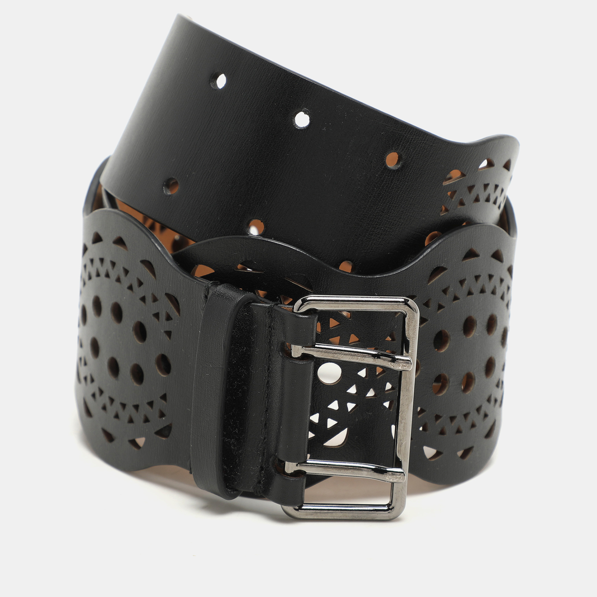 

Alaia Black Leather Laser Cut Buckle Waist Belt