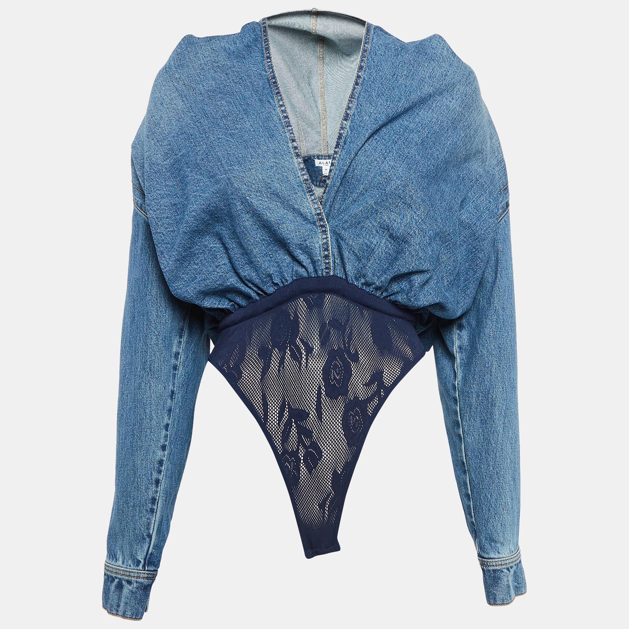 

Alaia Blue Denim Plunge Neck Hooded Bodysuit S
