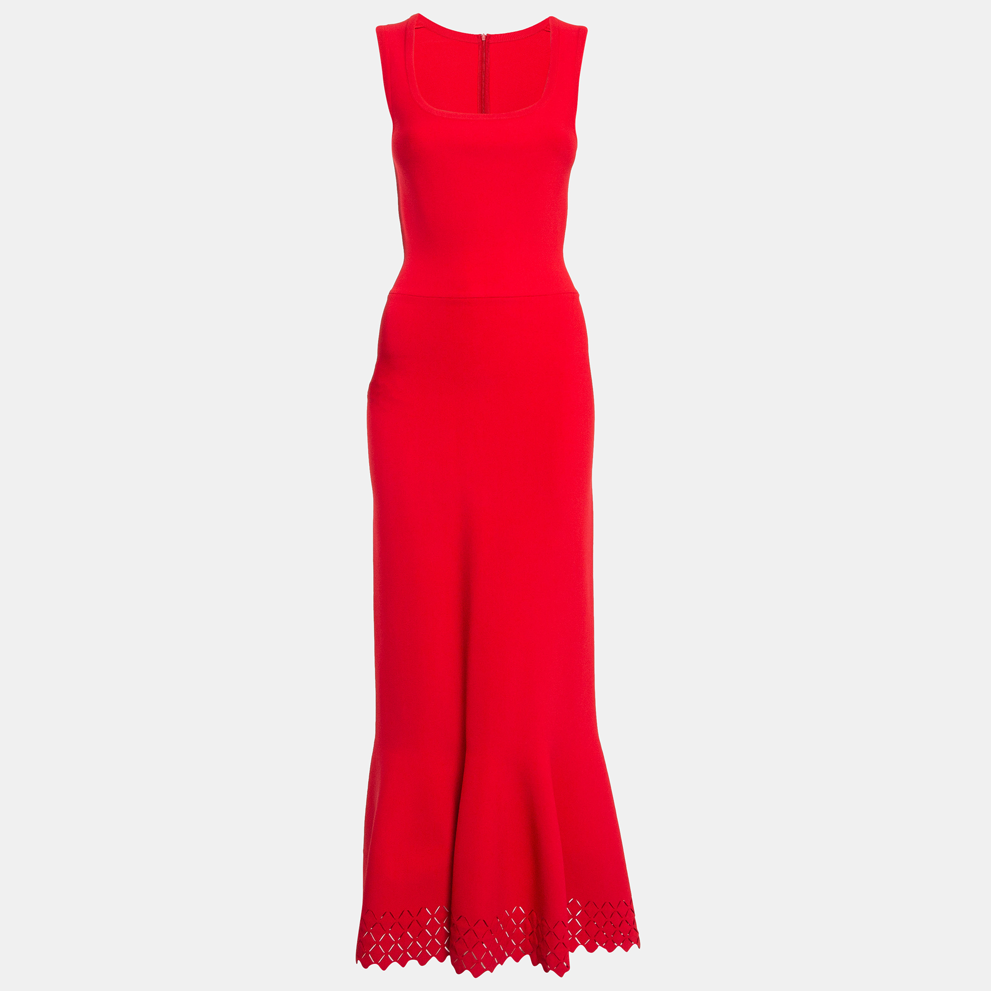 

Alaia Red Stretch Knit Cut-Out Detail Hem Fishtail Maxi Dress M