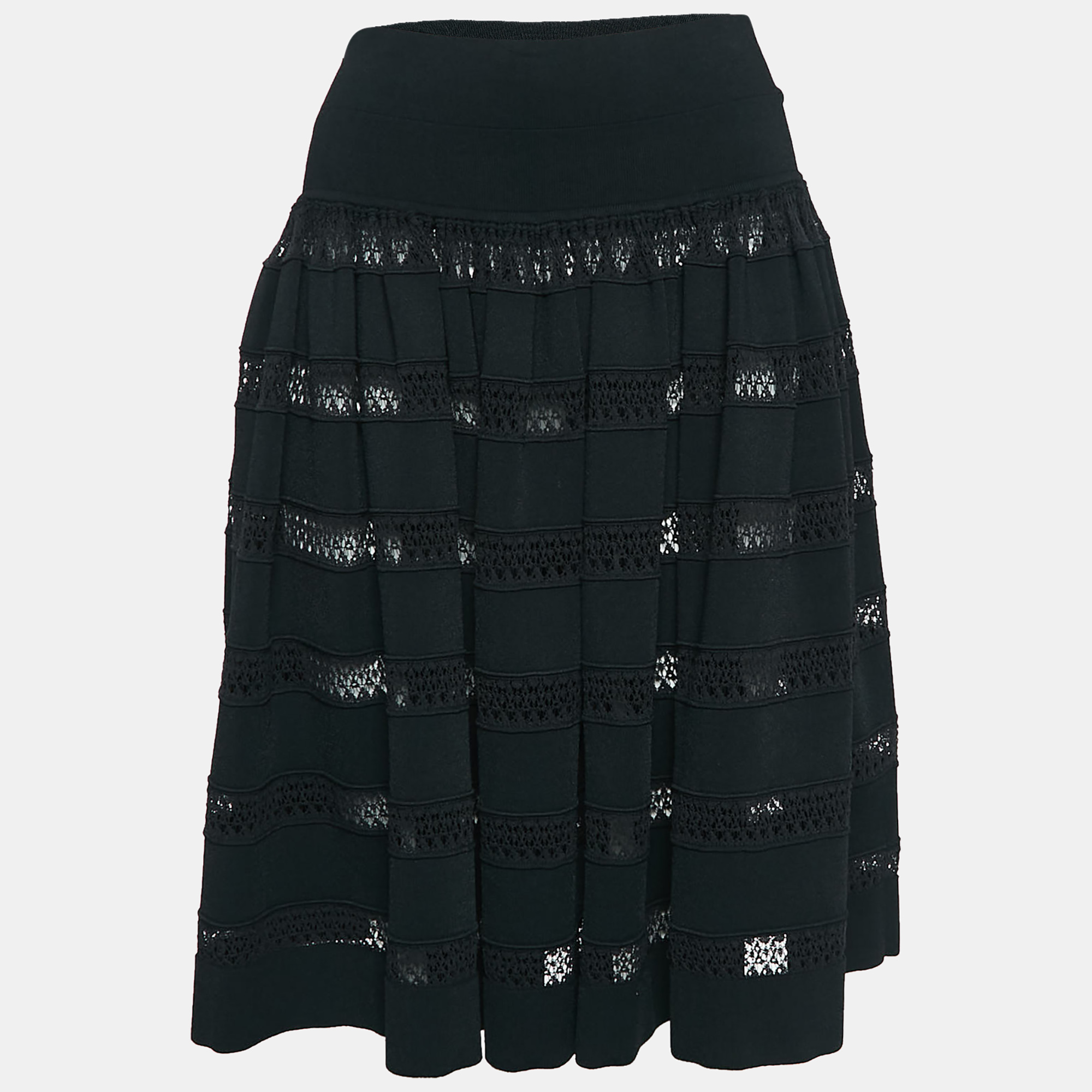 Pre-owned Alaïa Black Sheer Stripe Knit Flared Short Skirt L