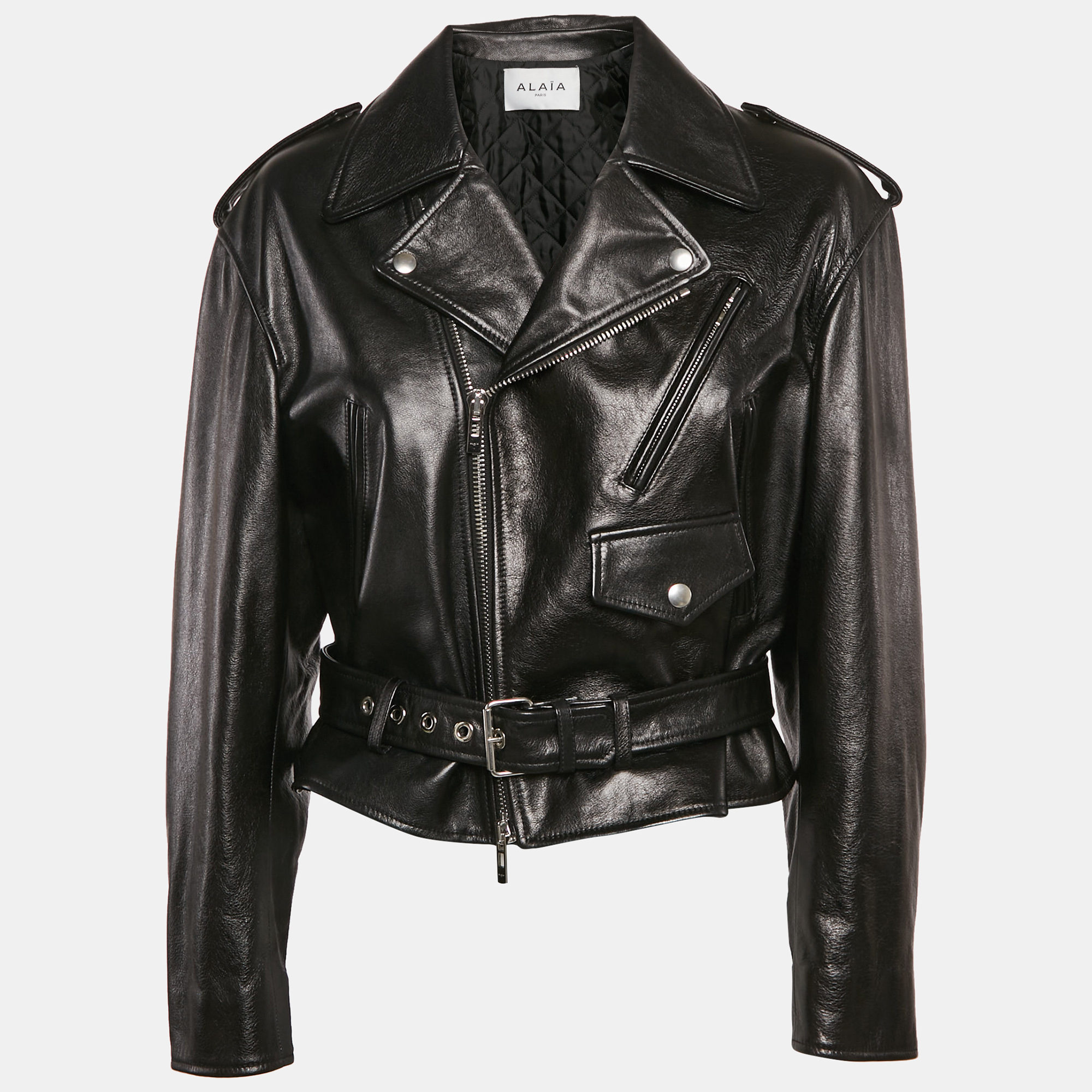 

Alaia Black Leather Cropped Zip-Up Biker Jacket S