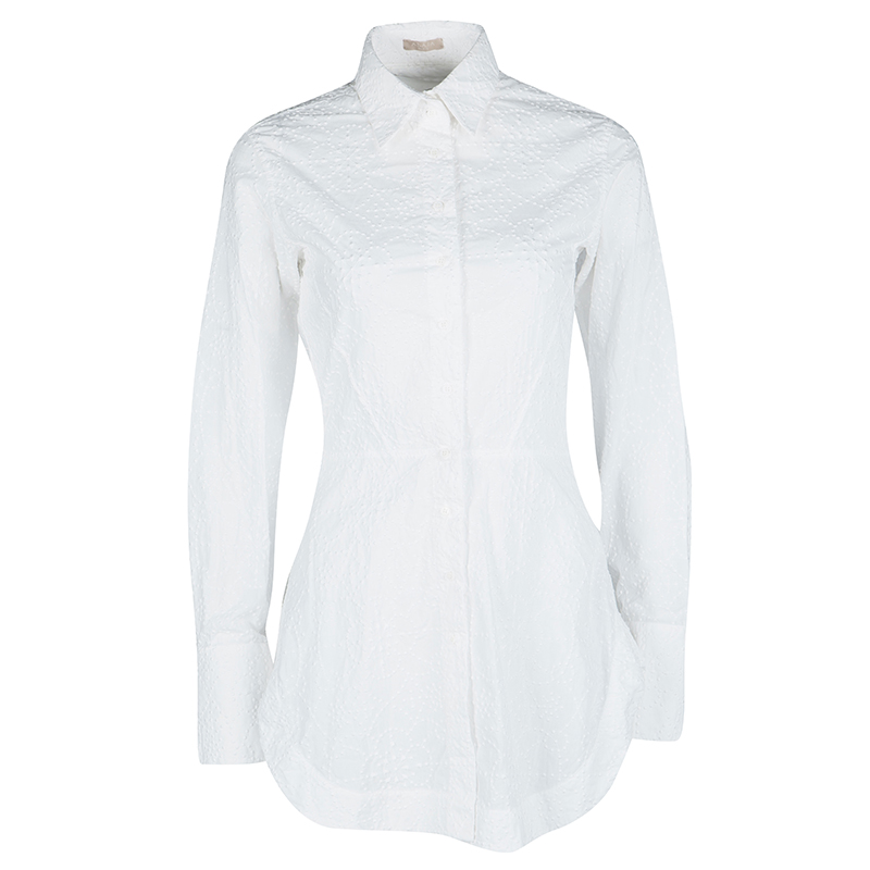 Alaia White Embroidered Cotton Long Sleeve High Low Shirt M