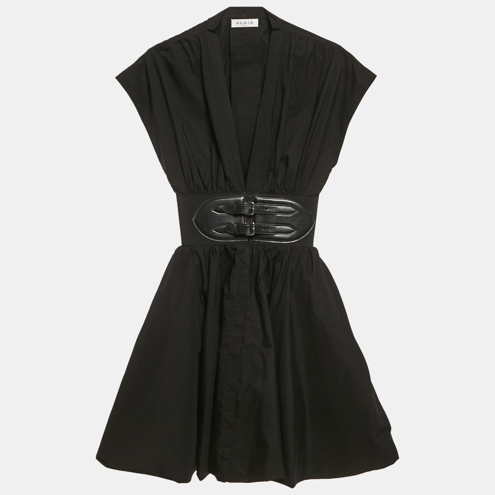 

Alaia Black Poplin Leather Buckle Mini Japanese Dress XS
