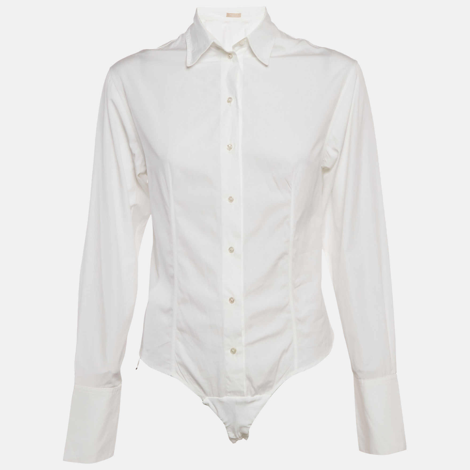 Pre-owned Alaïa White Cotton Shirt Style Bodysuit S