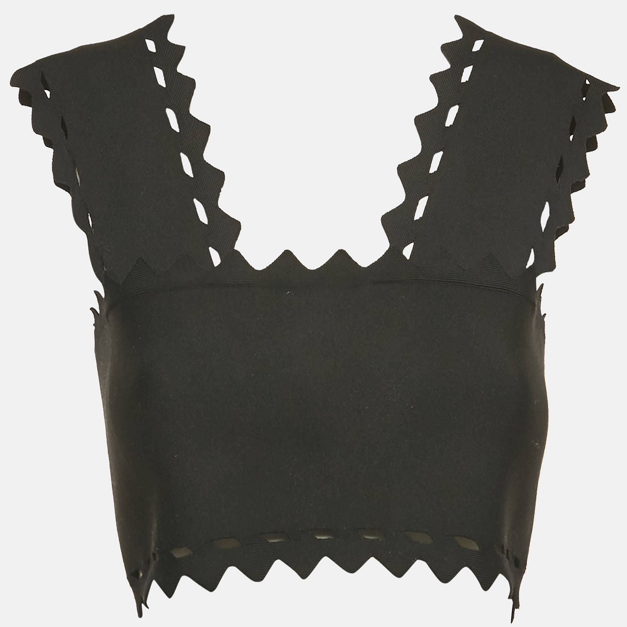 

Alaia Black Stretch Knit Cut-Out Scallop Crop Top S