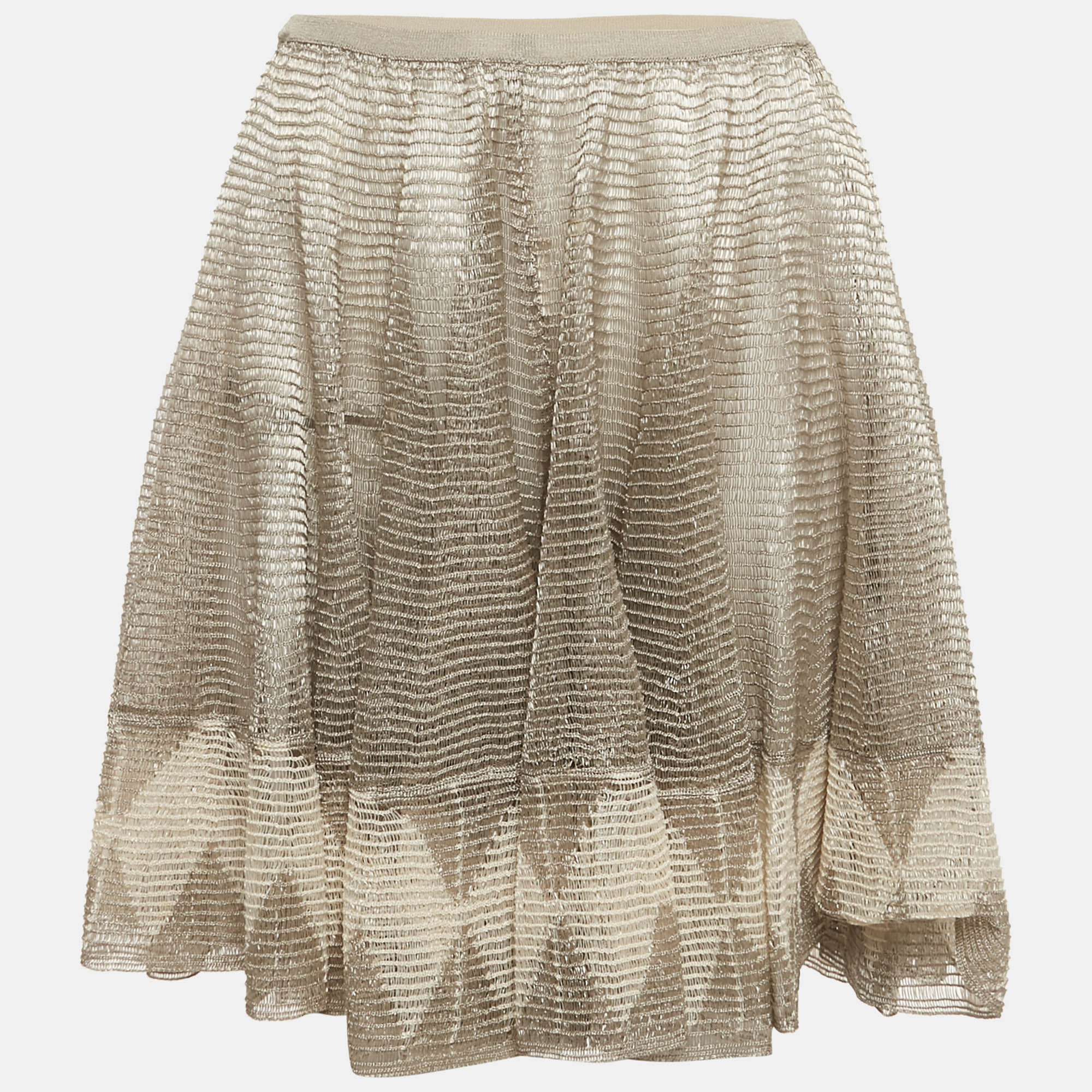 Pre-owned Alaïa Beige Mesh Intarsia Knit Flared Mini Skirt M In Sand