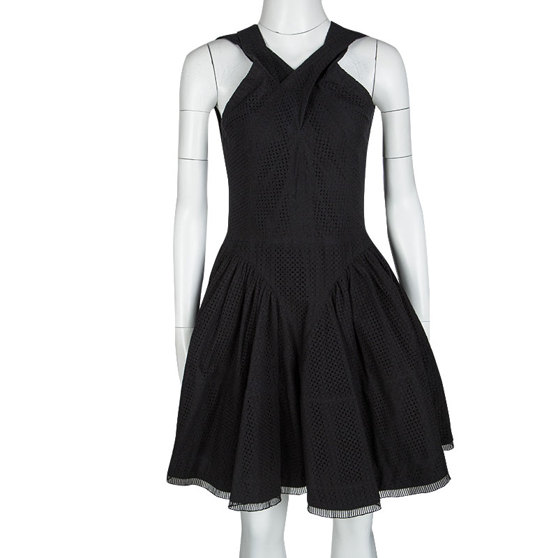 

Alaia Black Eyelet Embroidered Cotton Cross Back Sleeveless Dress