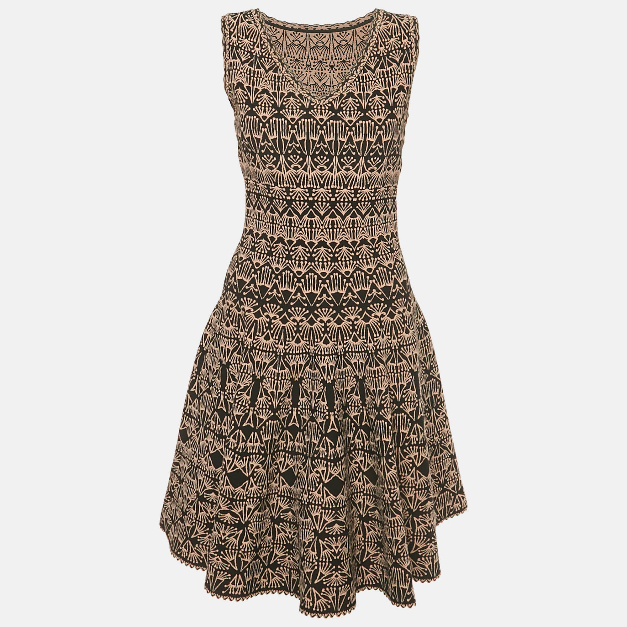 Pre-owned Alaïa Black /beige Jacquard Knit Mini Dress M