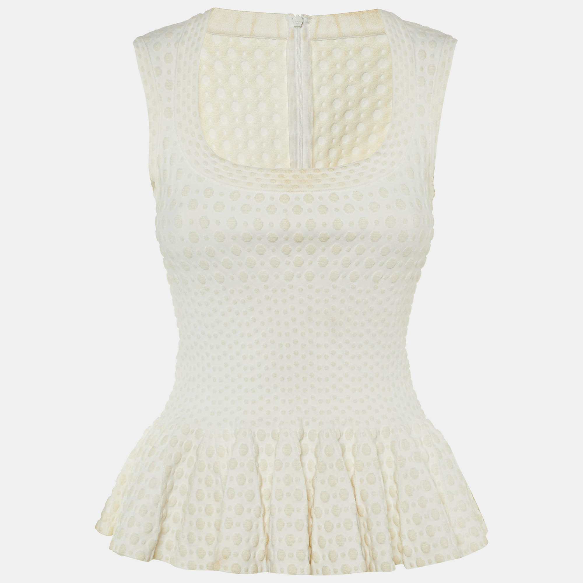 

Alaia Ivory Dotted Jacquard Knit Peplum Top M, Cream