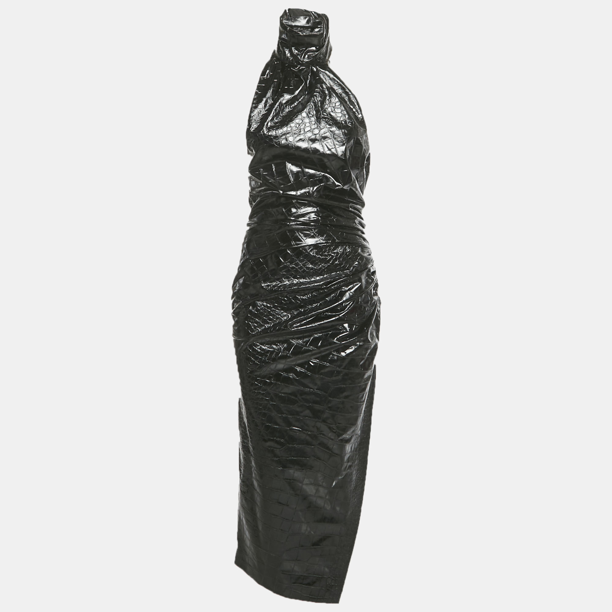Pre-owned Alaïa Black Crocodile Pattern Faux Leather Asymmetric Midi Dress M