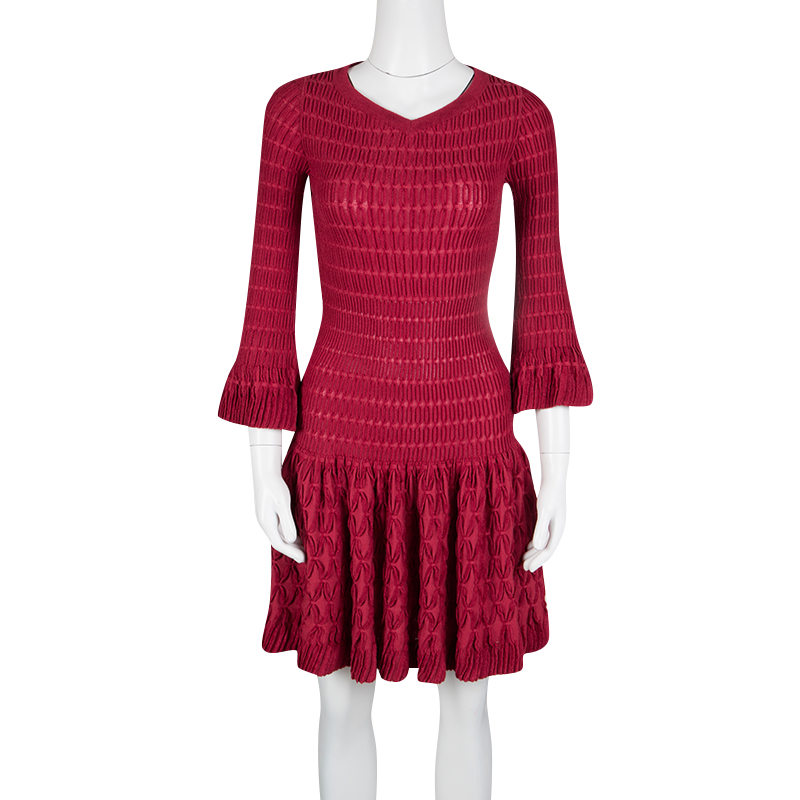 

Alaia Red Chenille Wool Patterned Long Sleeve Skater Dress