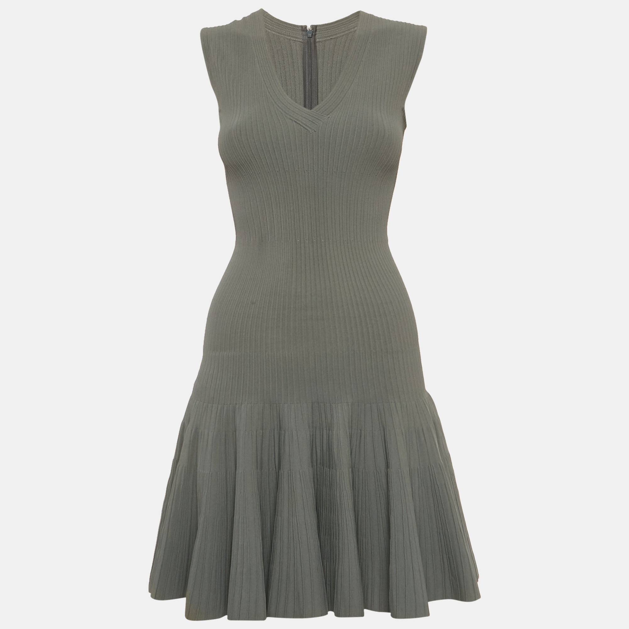 Pre-owned Alaïa Grey Textured Knit Flared Mini Dress Xs In Gray