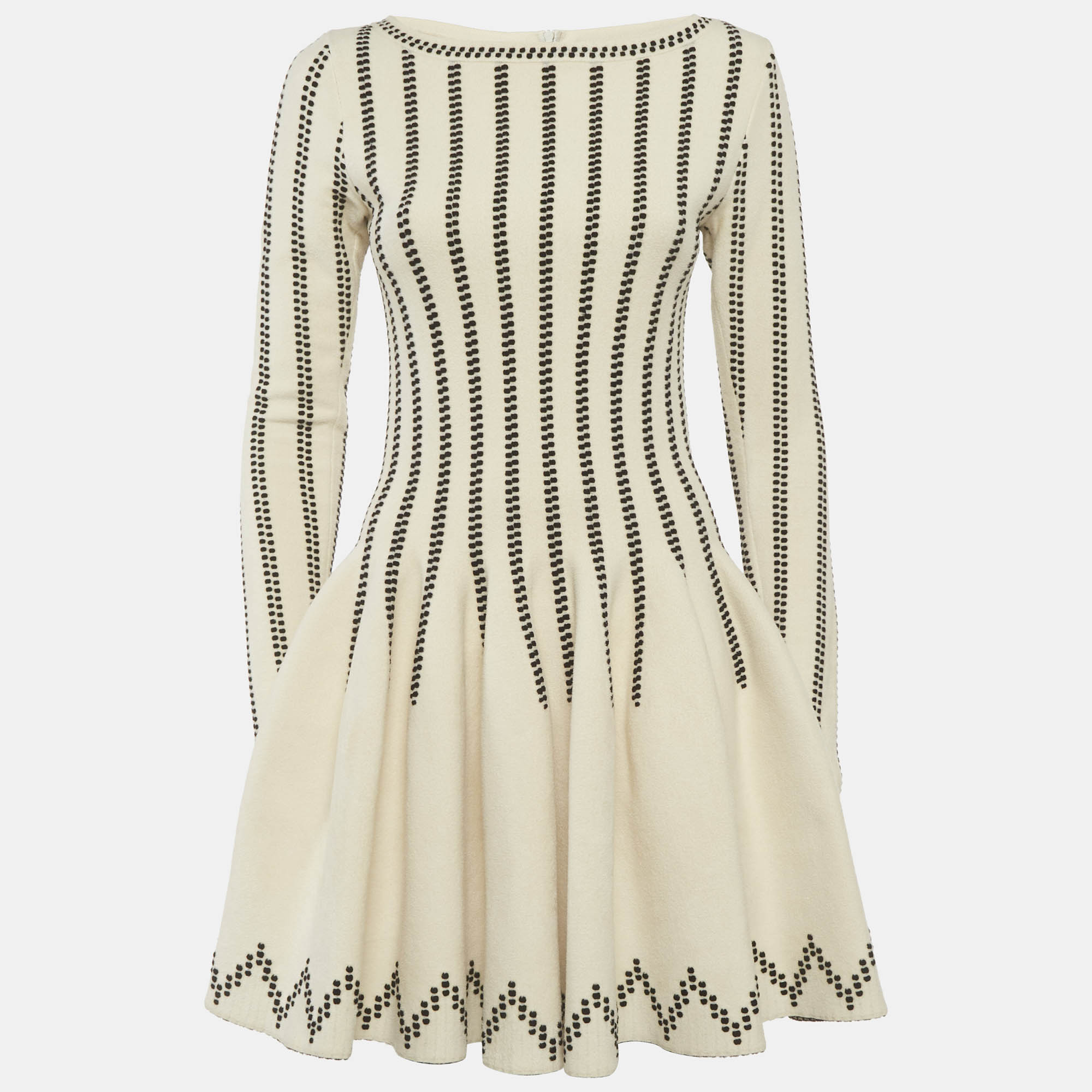 Pre-owned Alaïa Beige Stripe Intarsia Stretch Knit Flared Mini Dress S In Sand