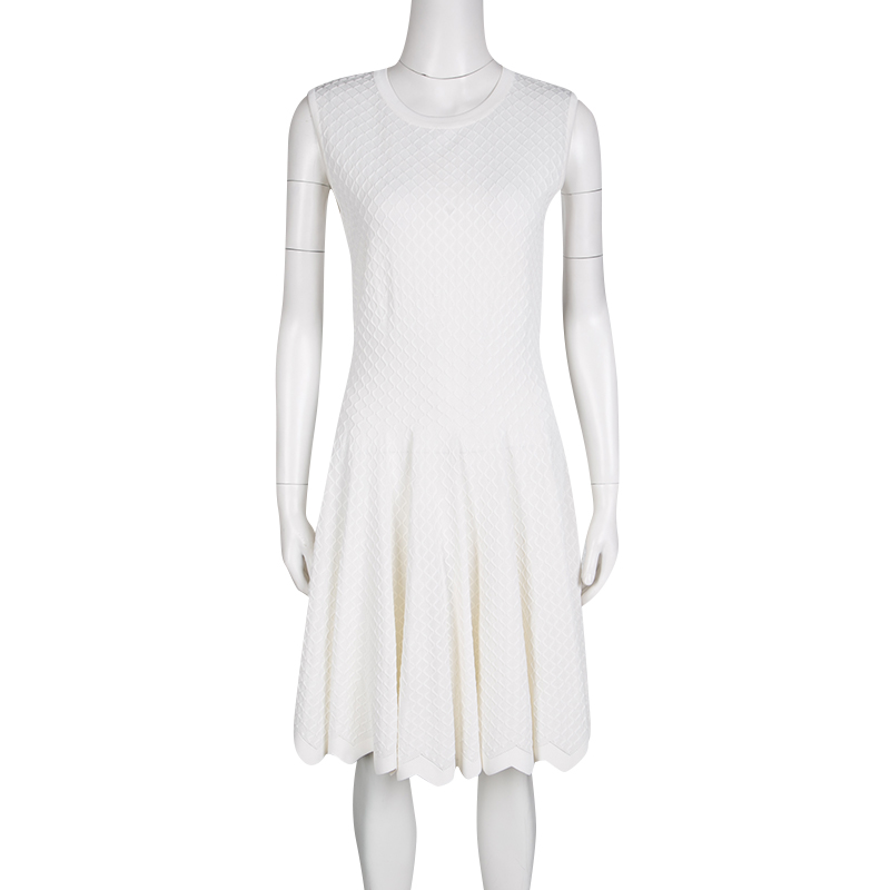 

Alaia White Knit Embroidered Chevron Hem Fit and Flare Dress