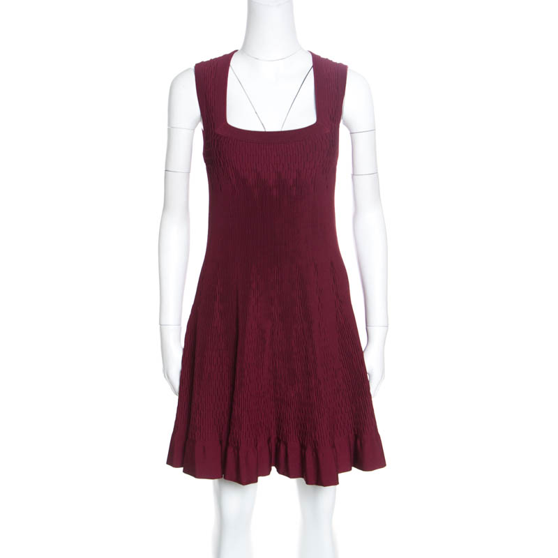 Pre Owned Alaia Maroon Pleated Square Neck Sleeveless Dress M