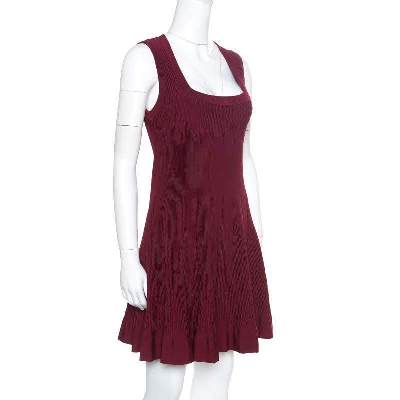 

Alaia Maroon Pleated Square Neck Sleeveless Dress, Red