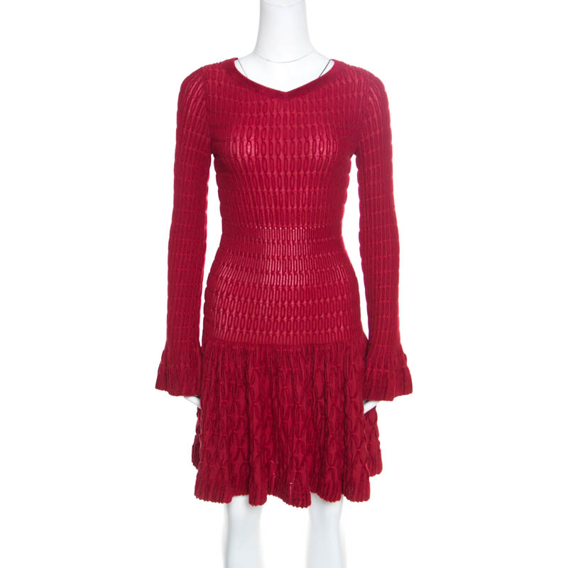 Pre Owned Alaia Red Chenille Wool Patterned Long Sleeve Skater Dress M