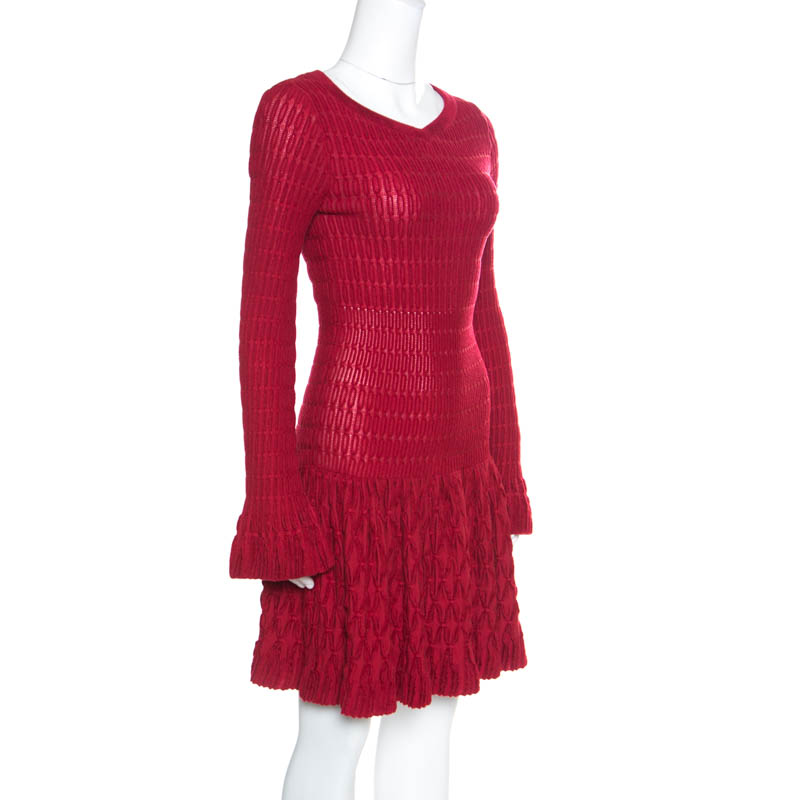 

Alaia Red Chenille Wool Patterned Long Sleeve Skater Dress