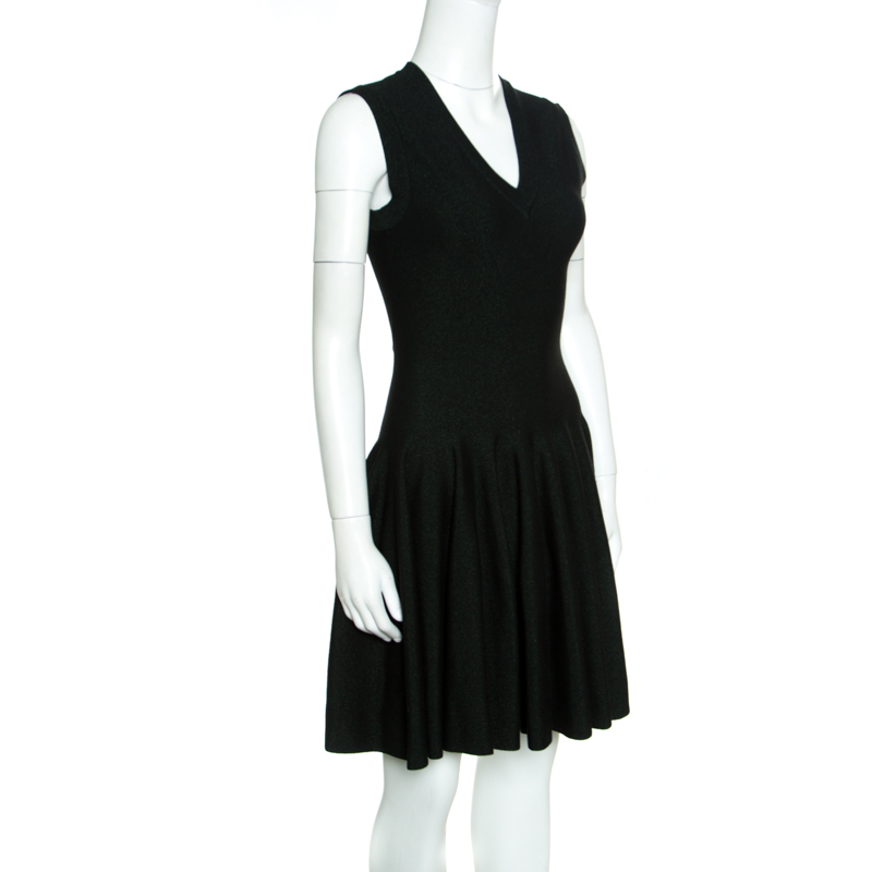 

Alaia Black and Green Lurex Knit V Neck Sleeveless Fit and Flare Dress