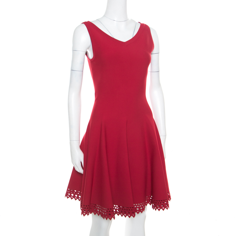 

Alaia Ruby Red Stretch Knit Laser Cut Hem Detail Flared Mini Dress