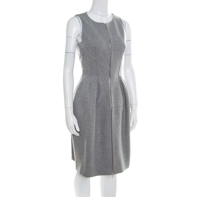 

Alaia Grey Cashmere Wool Zip Front Fit and Flare Sleeveless Dress