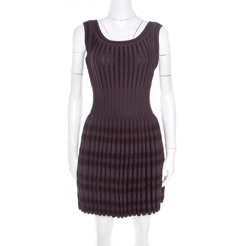 Pre Owned Alaia Brown Stretch Knit Paneled Fit and Flare Dress M