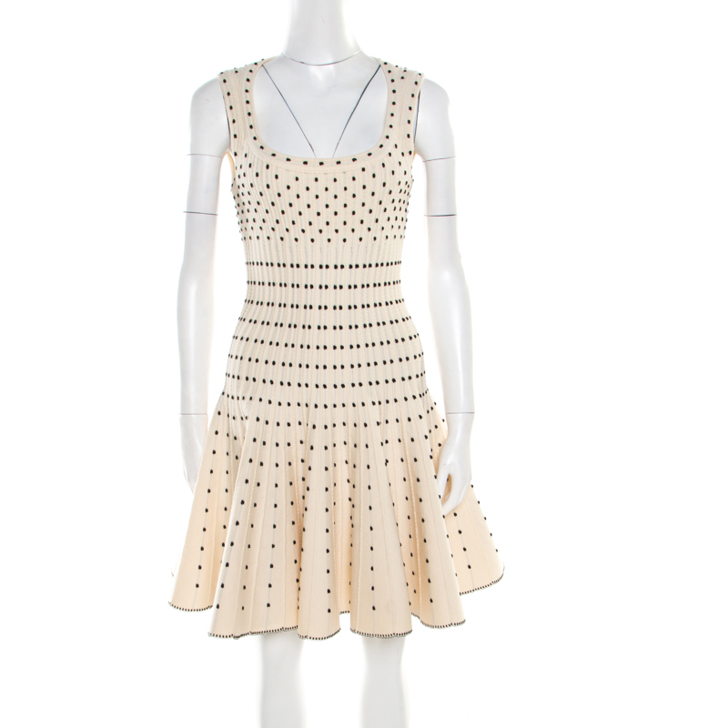 Pre Owned Alaia Monochrome Wool Dobby Dotted Sleeveless Flared Dress M