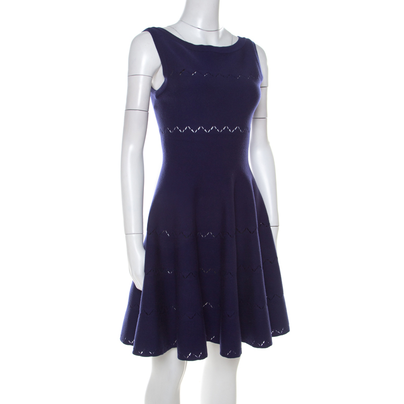 

Alaia Navy Blue Knit Cut Out Detail Sleeveless Flared Dress